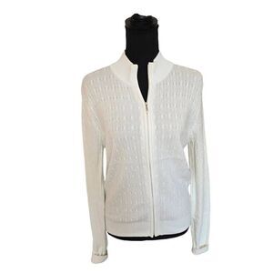 Astra Classic Womens White Cotton Cable Knit Full Zip Cardigan Sweater Small